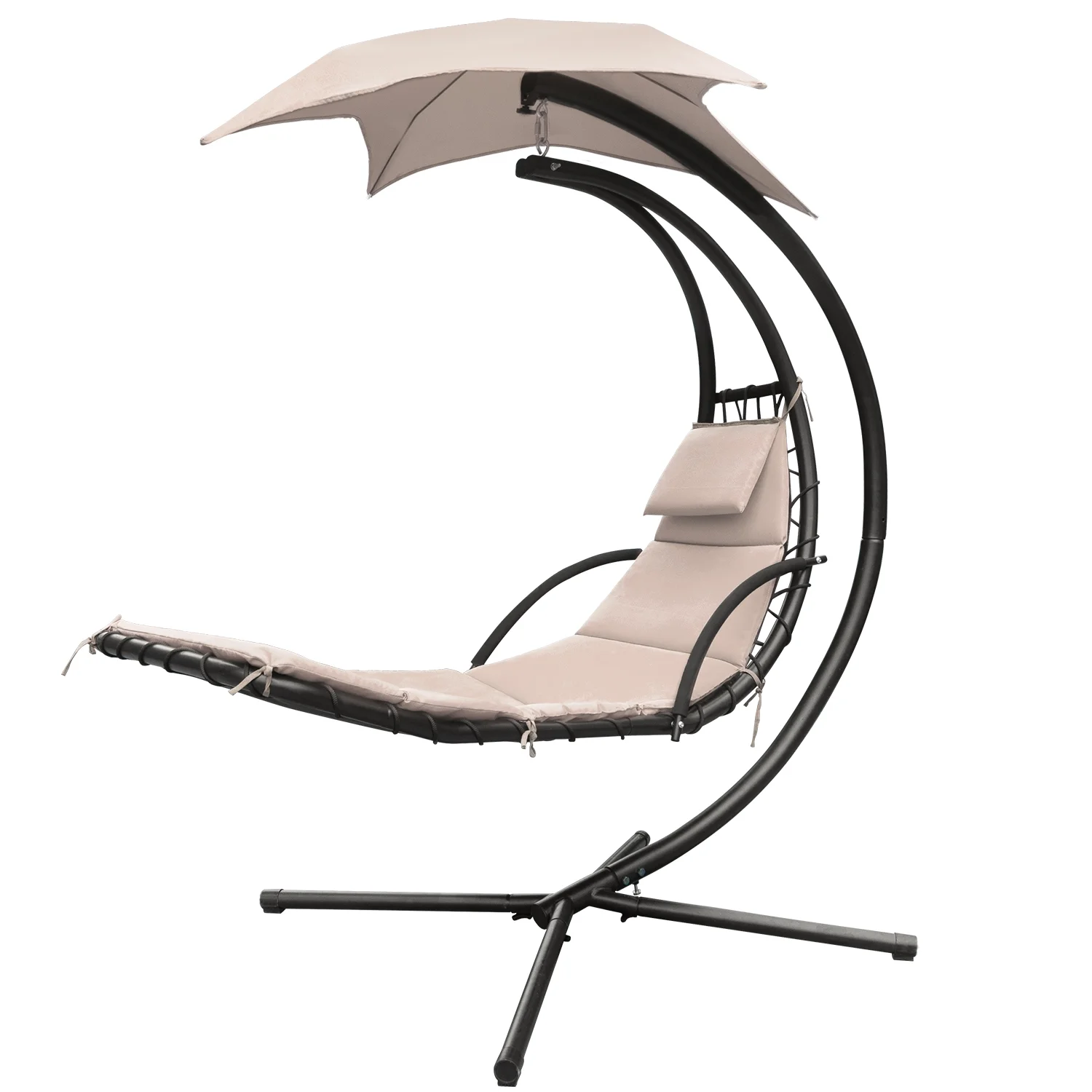 Lacoo Outdoor Hanging Curved Chaise Lounge Chair Patio Swinging Hammock W/ Pillow, Canopy & Stand for Backyard,Metal, Polyester Beige