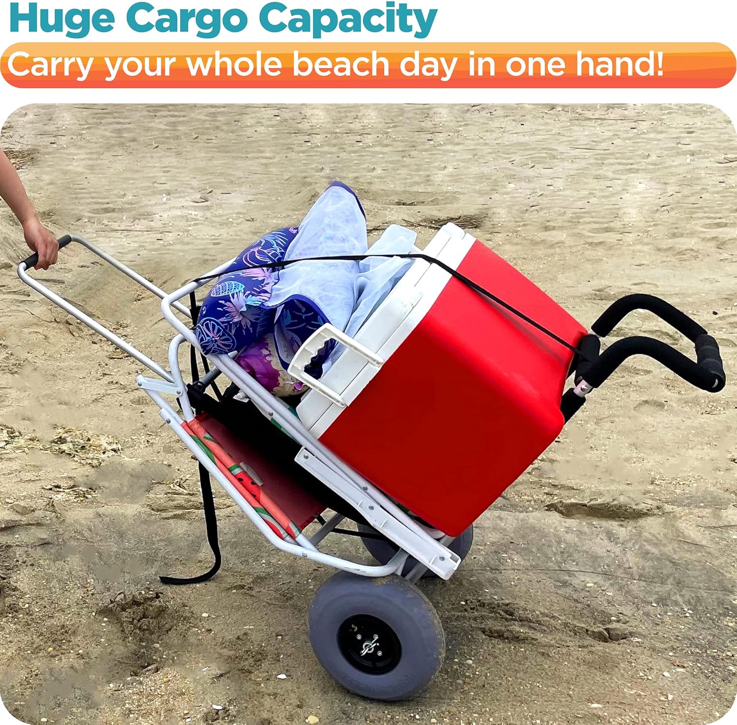 Galvanox Sand-Warrior Beach Cart with Big Sand Wheels - Beach Wagon with Large 8 Pneumatic Balloon Wheels & Tires, Compact Fold-Flat Design