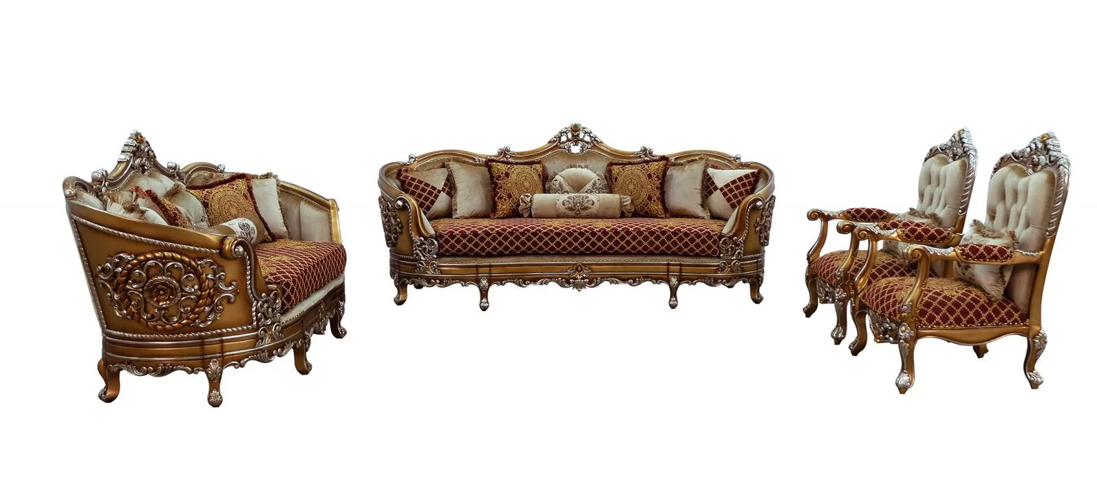 Luxury Red & Gold Wood Trim SAINT GERMAIN Sofa Set 4 EUROPEAN FURNITURE Classic