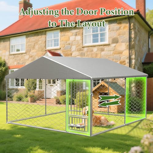 10X10FT Outdoor Large Dog Kennel, Heavy Duty Dog Cage for Large Dogs, Durable Dog House Enclosure with Roof and Rotating Feeder Bowls