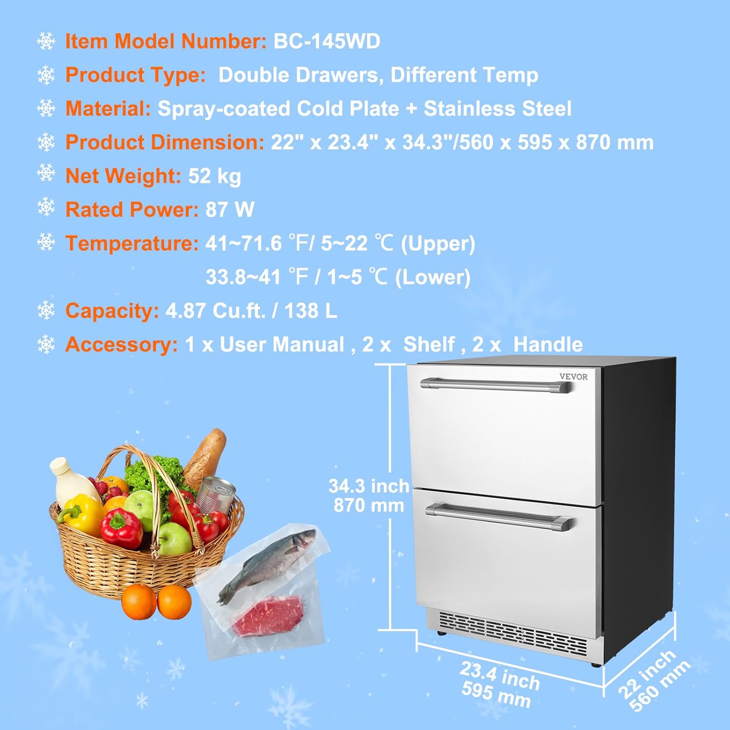 VEVOR 24" Undercounter Refrigerator, 2 Drawer Wine Refrigerator with Different Temperature, 4.87 Cu.ft. Capacity