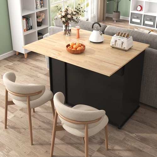 55.7'' Large Kitchen Island with 2 Drop Leaf, Rolling Kitchen Cart on 5 Wheels with Power Outlet