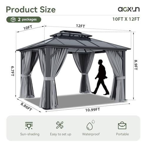 Aoxun 12'x10' Hardtop Gazebo, Aluminum Frame Permanent Pavilion with Curtains and Netting, Outdoor Polycarbonate Double Roof Canopy