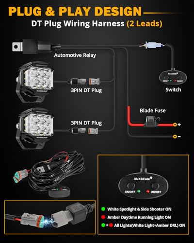 Auxbeam V-MAX Series 72W LED Pod Driving Lights, 4x2.5 Inch Rectangle Side Shooter Offroad Cube Spotlights with Amber DRL
