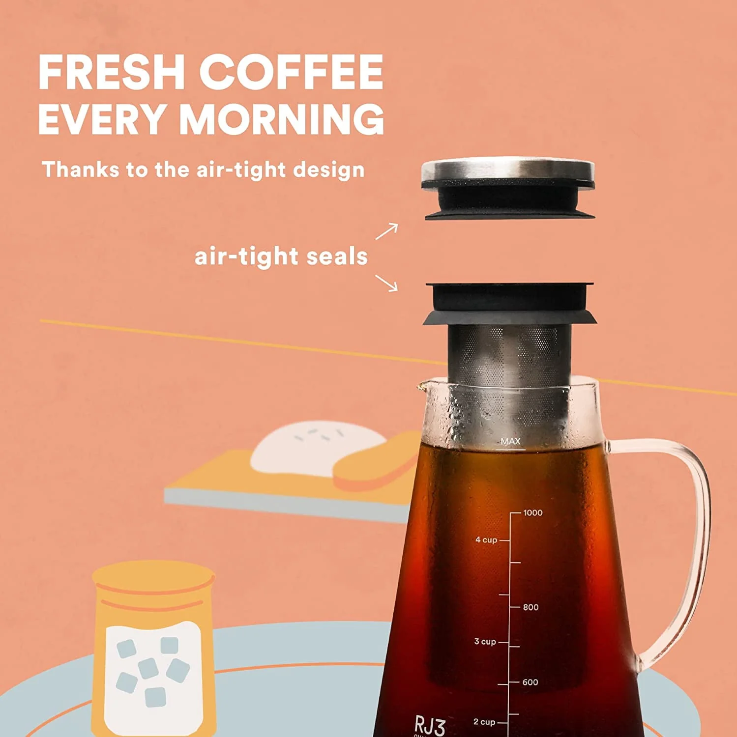 Airtight Cold Brew Iced Coffee Maker & Tea Infuser with Spout - 1L Ovalware RJ3 Brewing Glass Carafe