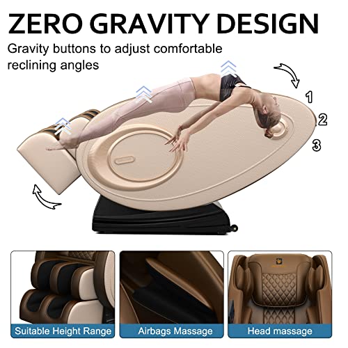 Massage Chair with Zero Gravity, Full Body Massage Chair Recliner with Airbags, Heating, Bluetooth Speaker, Foot Roller, Touch Screen, Gold