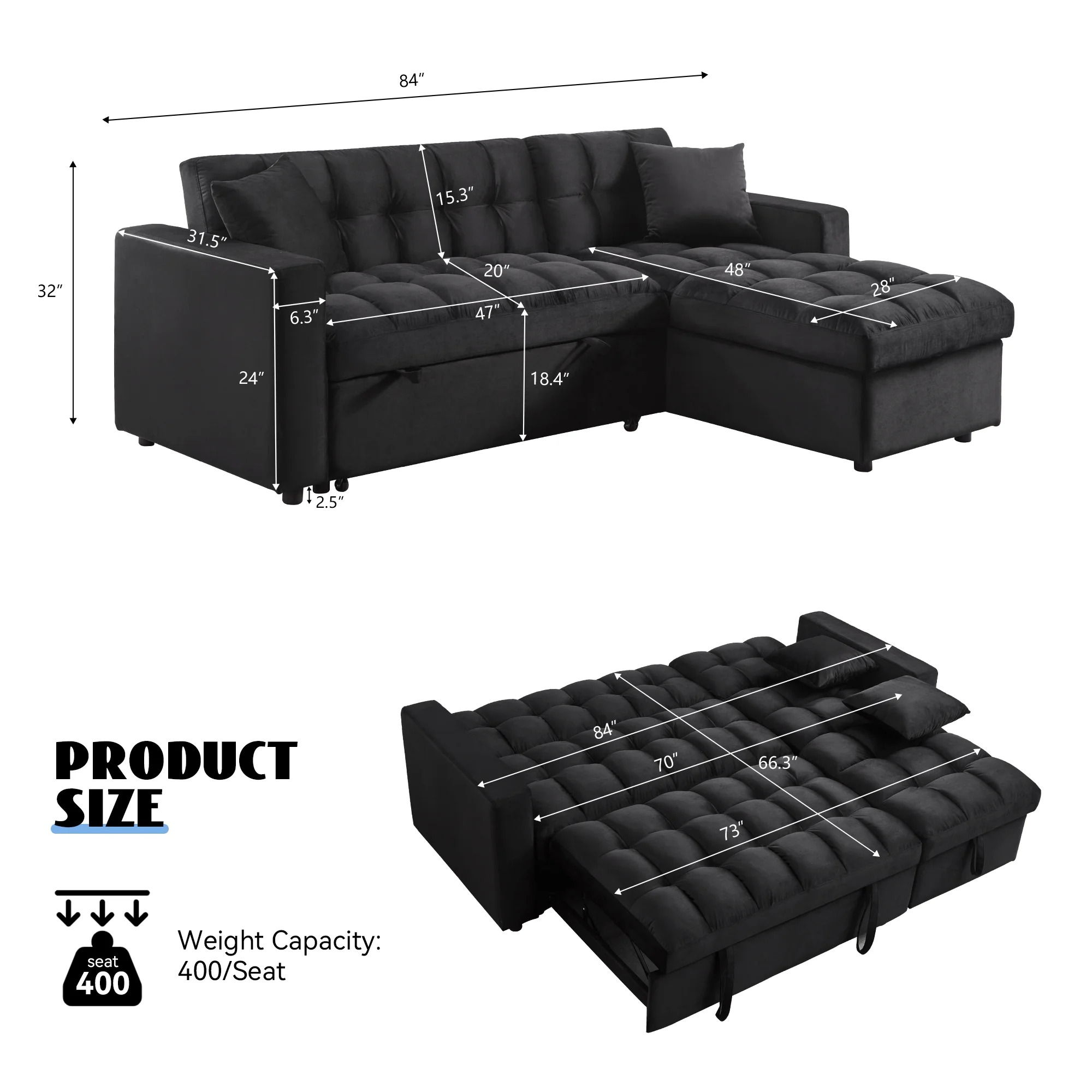 Muumblus 84" Convertible Sofa Bed, Pull Out Sofa Bed, Modern Tufted Sectional Sleeper Sofa with Storage Chaise, L Shaped Sofa Couch for Living Room