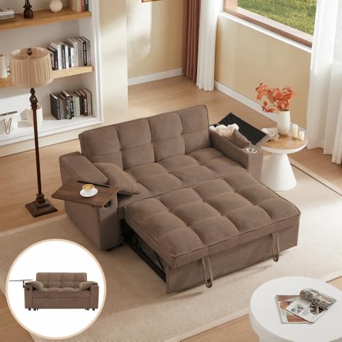 68.11" Corduroy Sleeper Chair Bed with USB Port, Cup Holders & Side Storage Pockets – 3-in-1 Foldable Sofa Bed for Guest Room, Living Room – White