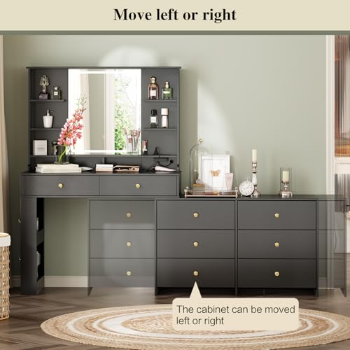 Large Makeup Vanity Desk with Mirror and Lights, Vanity Desk with 8 Drawers & Storage Shelves, Vanity Table with Power Outlet