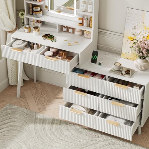 Maupvit Vanity Desk with Mirror and Lights, Makeup Vanity with 8 Drawers & Shelves, Corner Vanity, L Shape Change & Storage