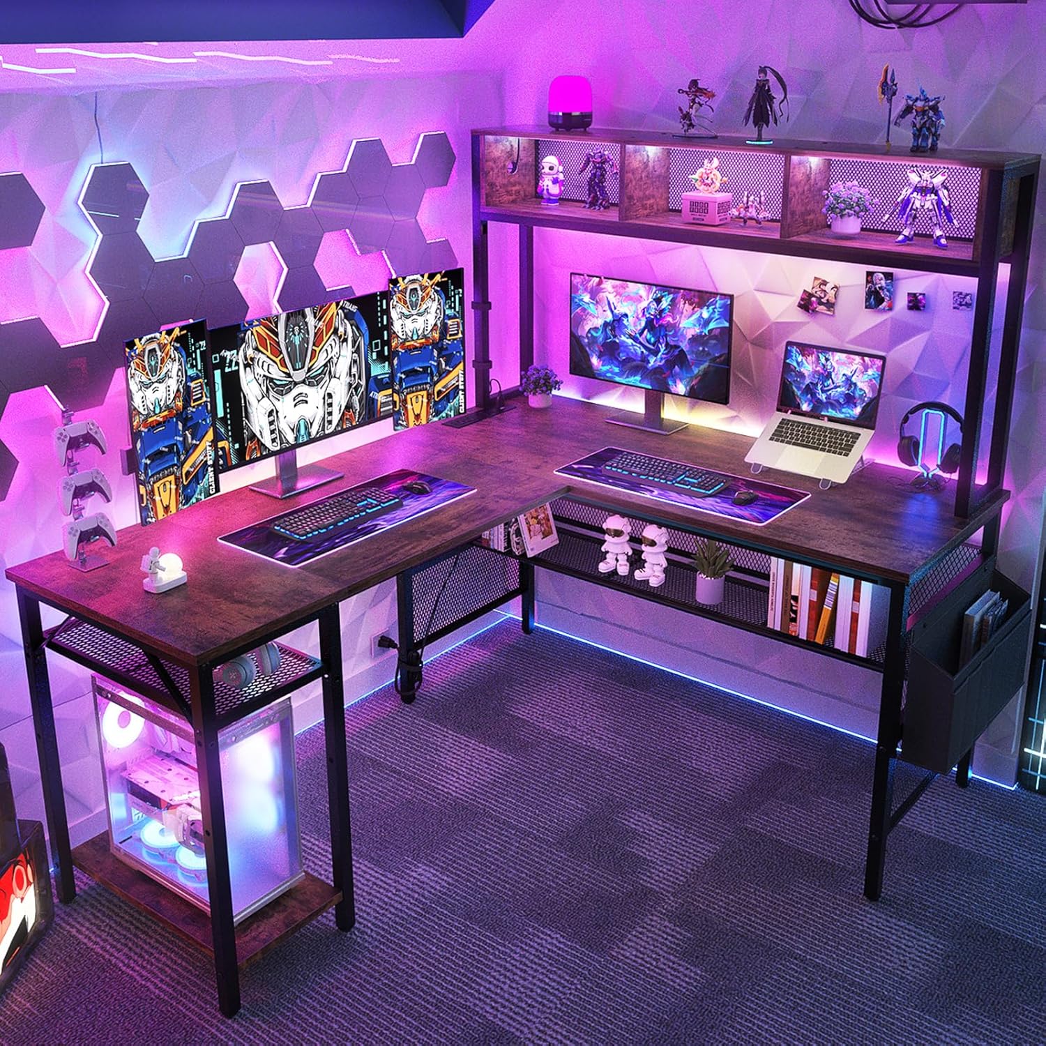 Aheaplus L Shaped Gaming Desk with LED Lights & Power Outlets, 55 Inch L-Shaped Computer Desk with Storage Shelf & Monitor Stand