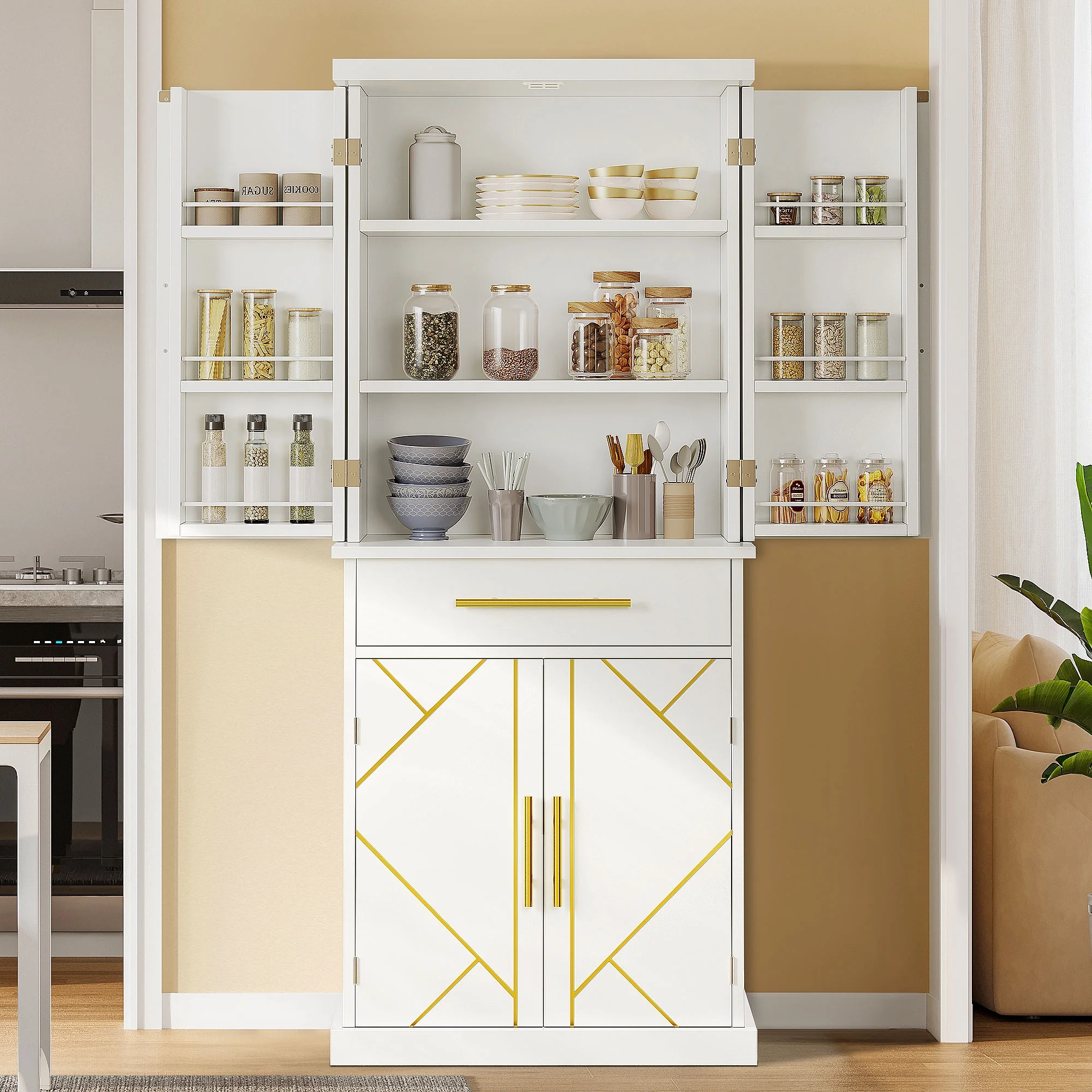 Dextrus 72.4"H Kitchen Pantry Storage Cabinet, 4 Doors Freestanding Food Pantry Storage Cabinet with Drawer and Adjustable Shelf for Kitchen