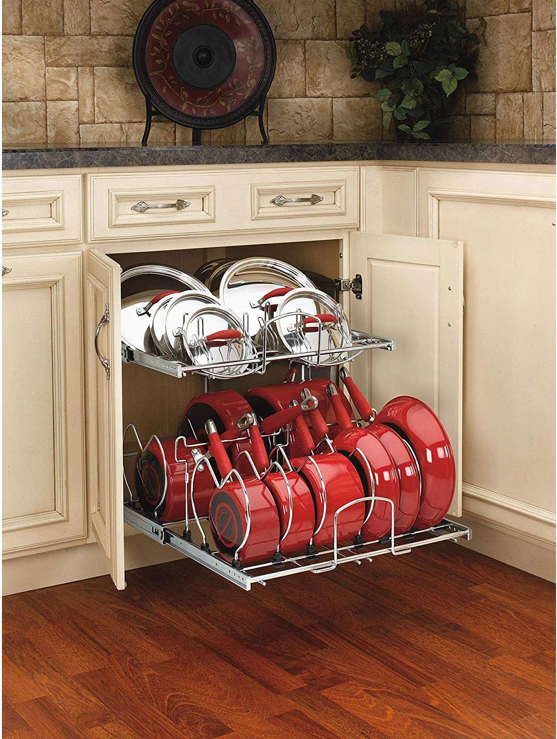 Rev-A-Shelf 5CW2-2122-CR 21-Inch 2-Tier Wire Pull Out Kitchen Cabinet Organizer for Pots, Pans, and Lid Cookware, Chrome