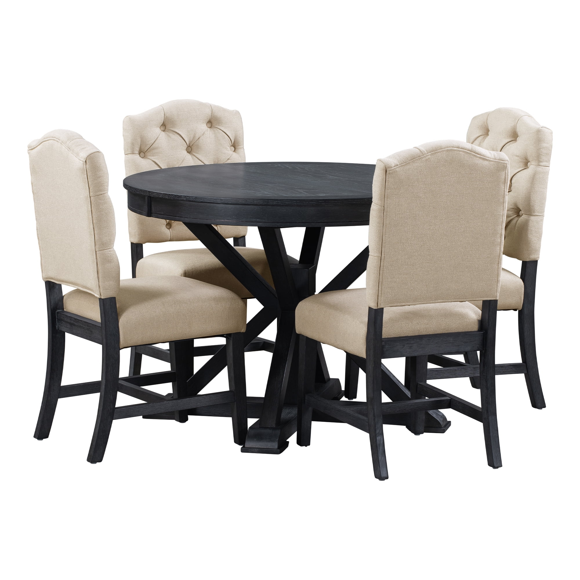5 Piece Round Dining Table Set, Dining Room Set with Extendable Table and 4 Upholstered Chairs, Wooden Dining Table Set for 4