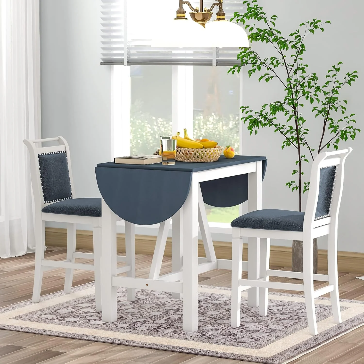 3 Piece Counter Height Kitchen Dining Set With Drop Leaf Dining Table And 2 Dining Padded Chairs, Dining Room Set For Small Places, White