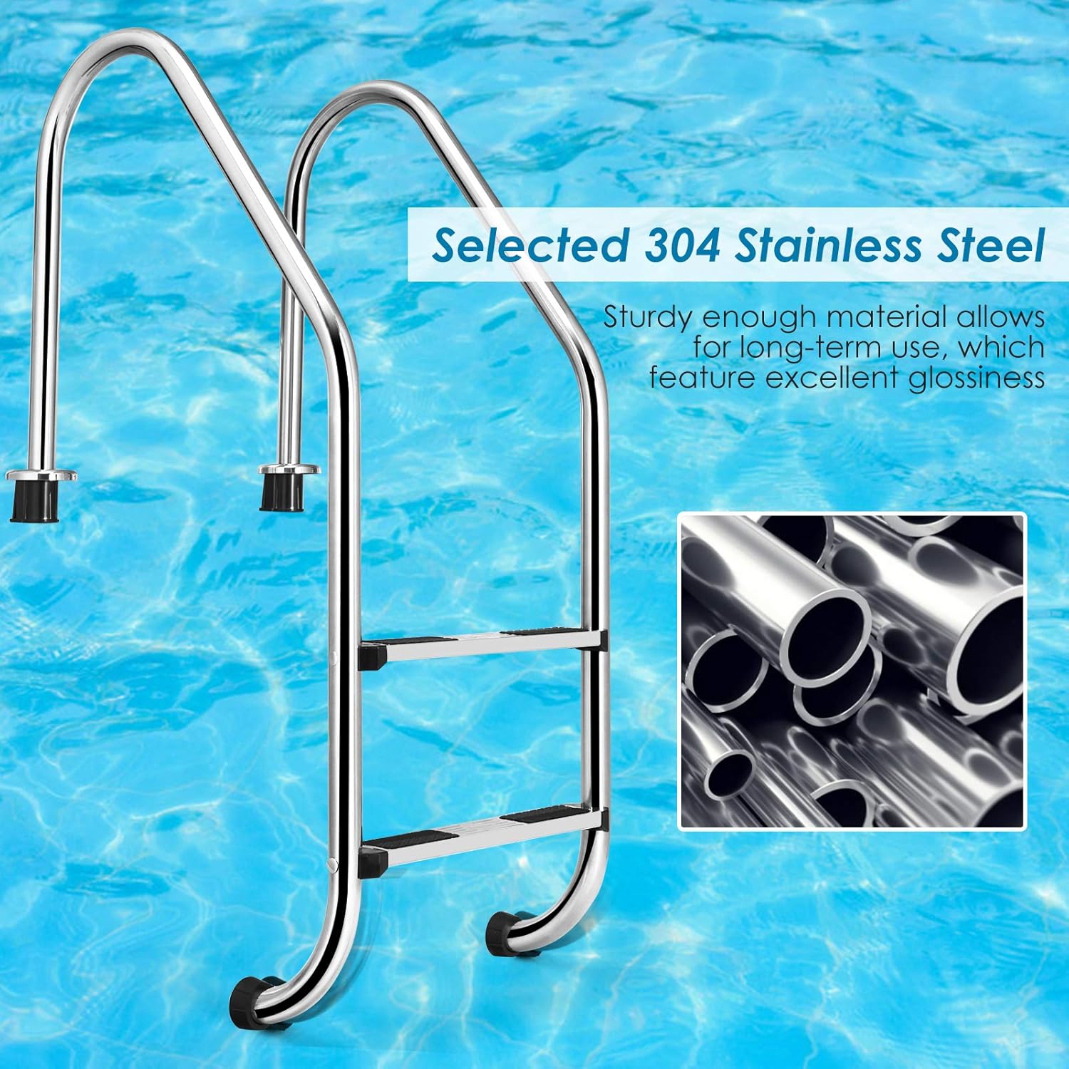 Goplus Swimming Pool Ladder, Inground 2-Step Non-Slip Ladder, Stainless Steel Ladder w/ 440 Weight Capacity