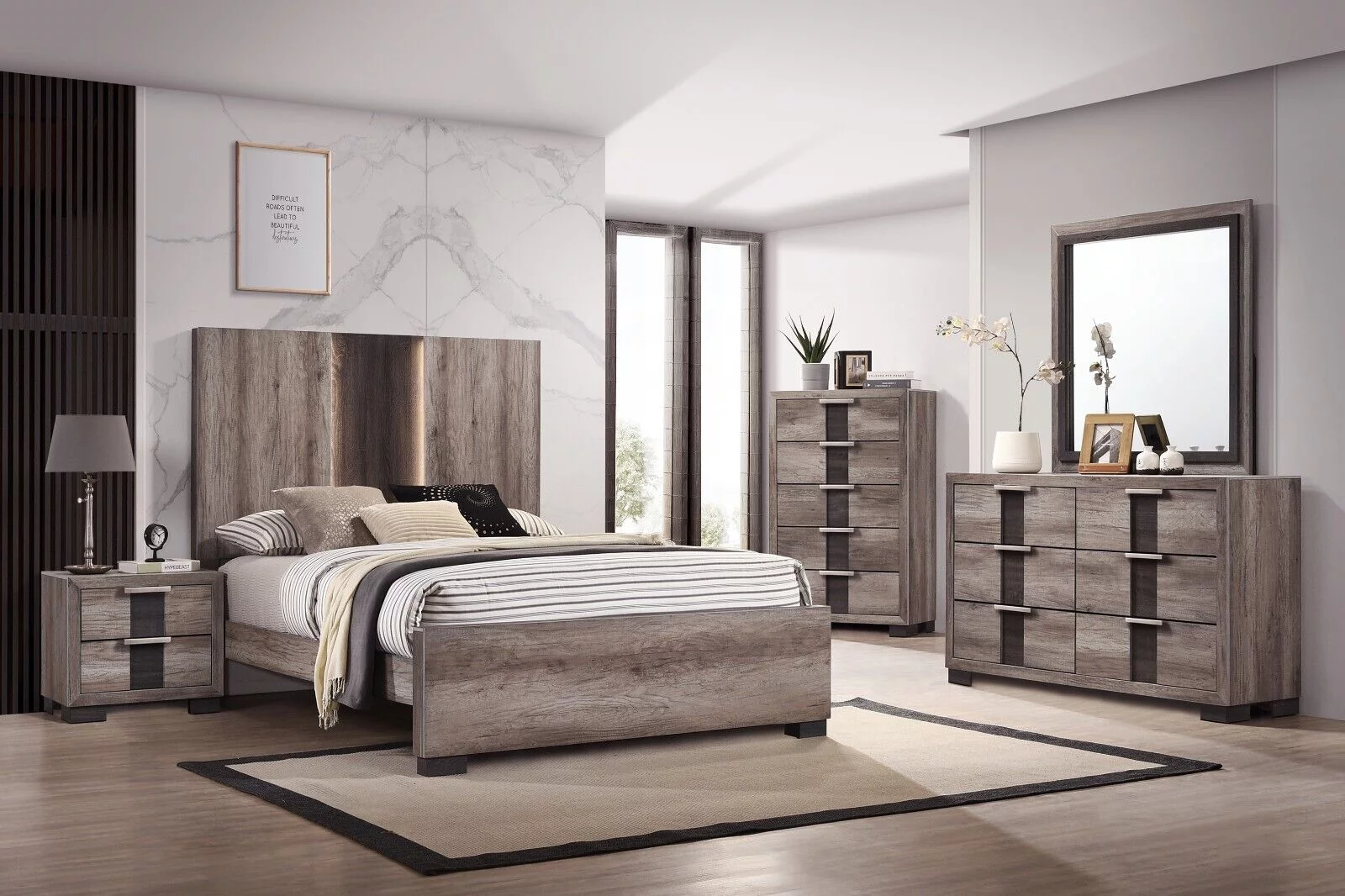 6Pc Beautiful Master Bedroom Suite Gray/Black Finish Queen Size Sleek Bed Set Solid Wood