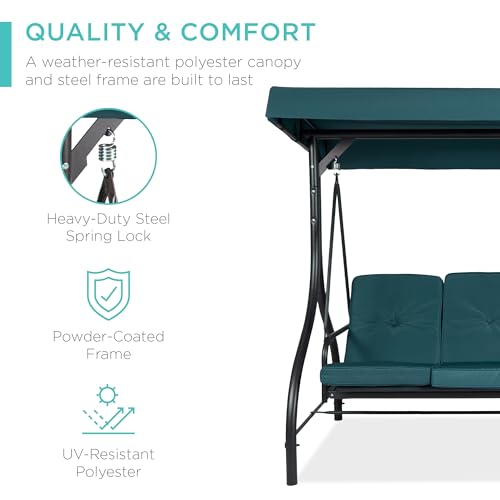 Best Choice Products 3-Seat Outdoor Large Converting Canopy Swing Glider, Patio Hammock Lounge Chair for Porch, Backyard w/Flatbed, Adjustable Shade