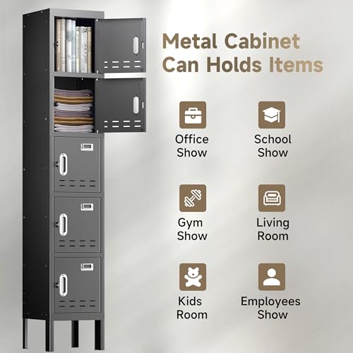 Locker Metal Storage Cabinet, Steel Office Storage Lockable Lockers for Employees Kids School Gym Home Garage Locker with Mirror & Hooks (5 Doors