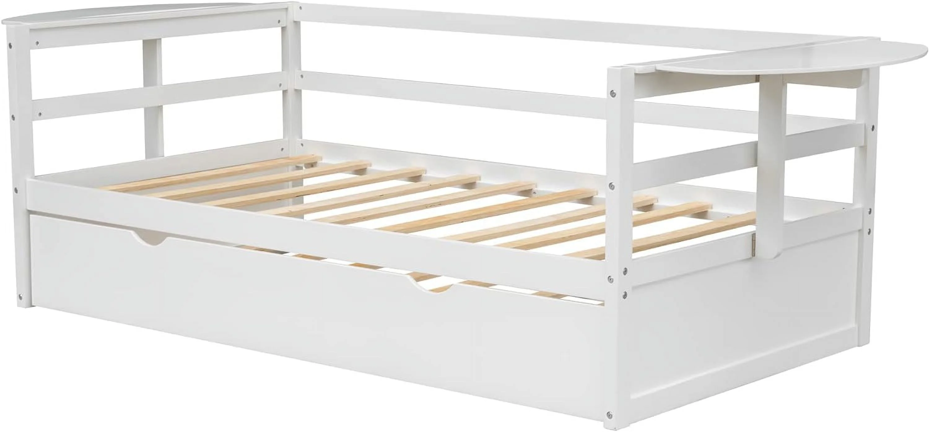Size Daybed With Trundle, Solid Wood Daybed Frame With Foldable Shelves On Both Sides, For Kids Teens Guests. Bedroom Living Room Furniture (, White)