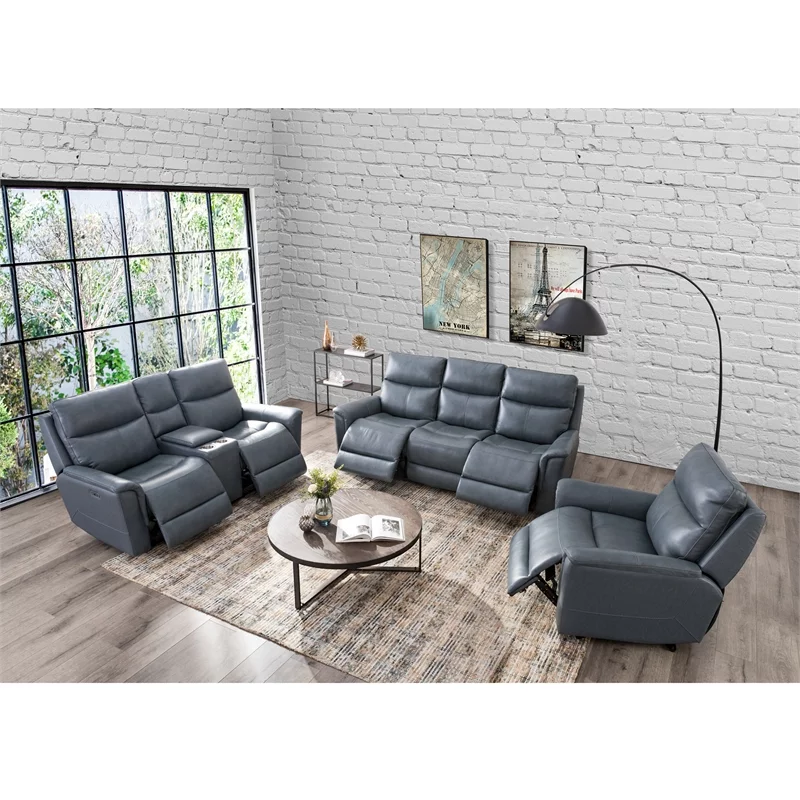 Drake Power Motion Sofa & Power Head Rest In Blue Grey Leather