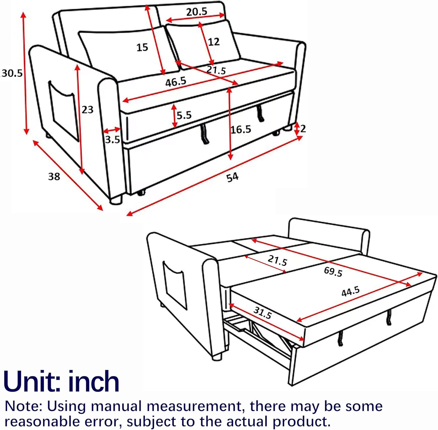 54 Inch Convertible Sleeper Sofa, 3-in-1 Versatile Velvet Loveseat with Pullout Bed, Couch with Adjustable Backrest