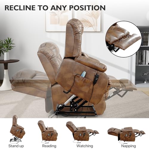 EDILLY Large Genuine Leather Power Lift Recliner Chairs for Elderly, Dual Motor with Massage and Heating,Double Lumbar Cushion and Extended Footrest