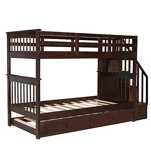 Harper & Bright Designs Twin Over Twin Bunk Bed with Stairs and Trundle, Solid Wood Stairway Bunk Bed Frame with Storage