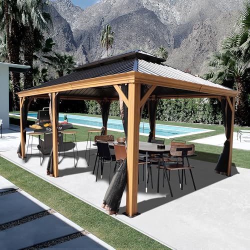 Kozyard Apollo 10’x12’ Hardtop Gazebo, Wooden Coated Aluminum Frame Canopy with Galvanized Steel Double Roof