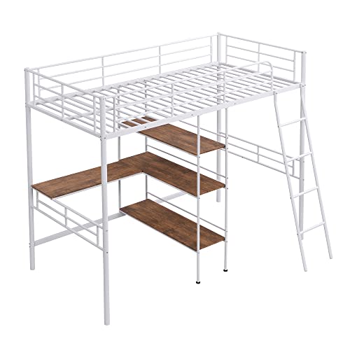 Harper & Bright Designs Full Loft Bed with Desk, Metal Loft Beds with Storage Shelves, Desk, and Wardrobe, Heavy-Duty Loft Bed Frame for Kids, Teens