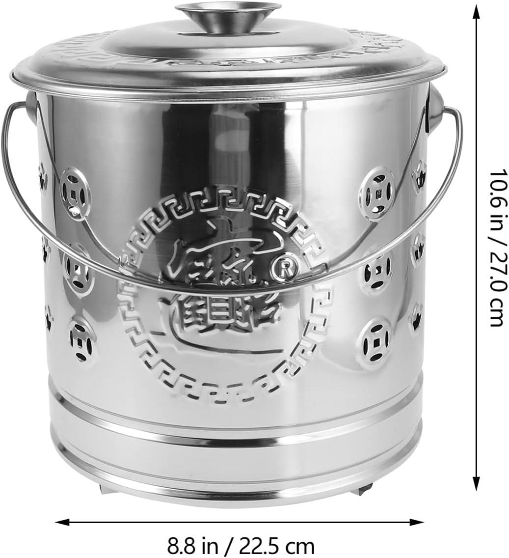 1Set Stainless Steel Burn Barrel Metal Incinerator Can with Burning Tong Garden Furnace for Wood Rubbish Leaves Burning Silver