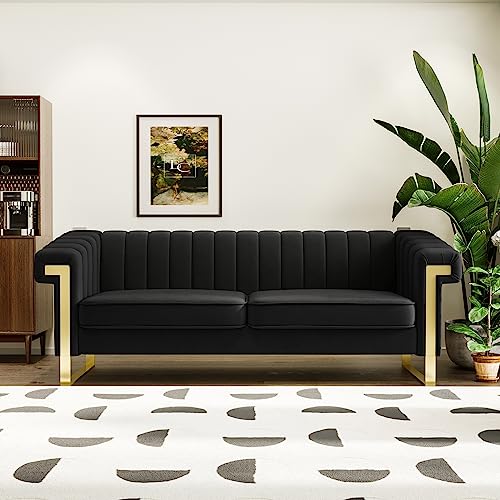 83" Modern Luxury Velvet Couch Comfortable 3 Seater Tufted Sofa Comfortable 3 Person Fashion Couches Solid Wood Frame Metal Legs for Living Room