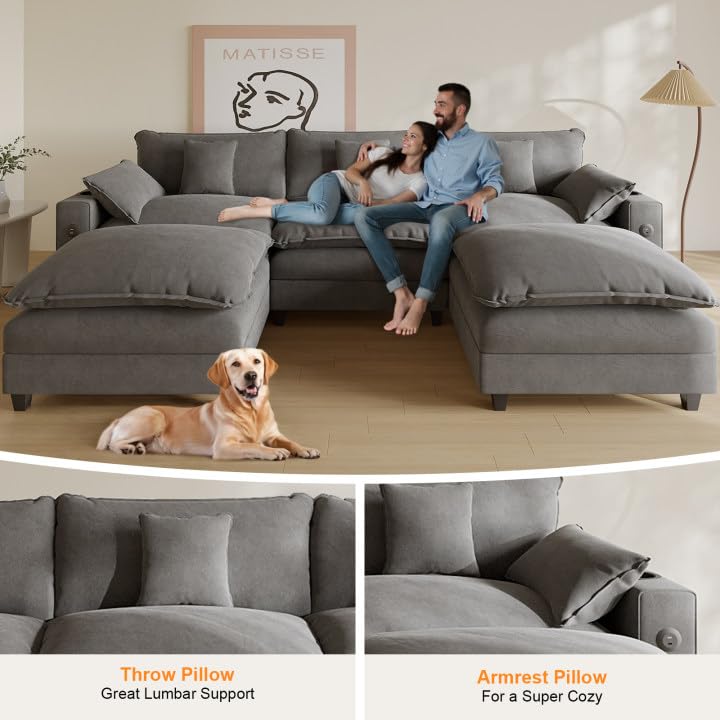 Modular Sectional Sofa, Cloud Couch with Ottoman, Charging Station, Throw Pillows, Cup Holders, Modern Convertible U Shaped Couches for Living Room