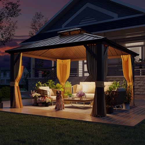 YOLENY 10' x 12' Hardtop Gazebo, Metal Gazebo with Aluminum Frame, Double Galvanized Steel Roof, Curtains and Netting Included