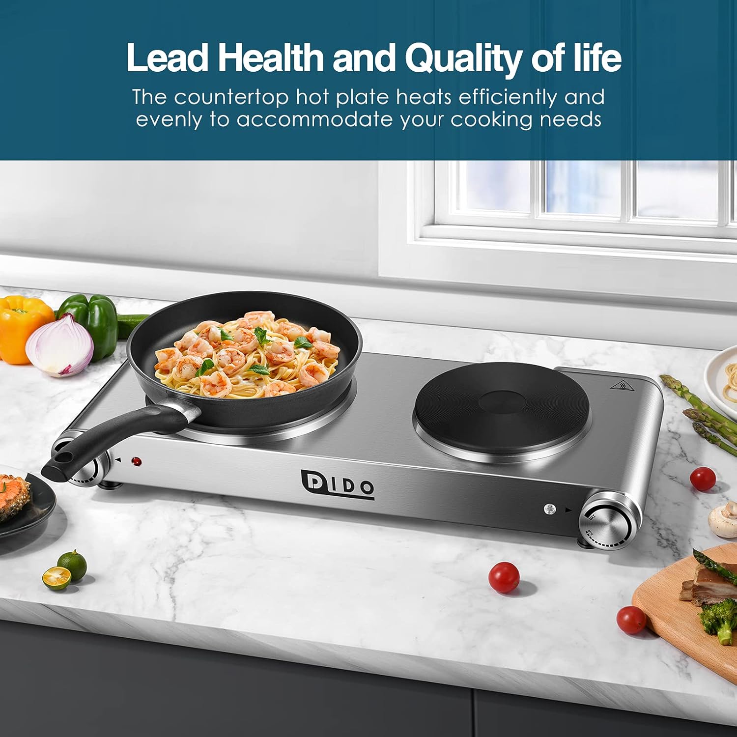 DIDO 1800W Hot Plate, Portable Electric Stove Countertop Cast-Iron Double Burner with Adjustable Temperature& Anti-Slip Feet