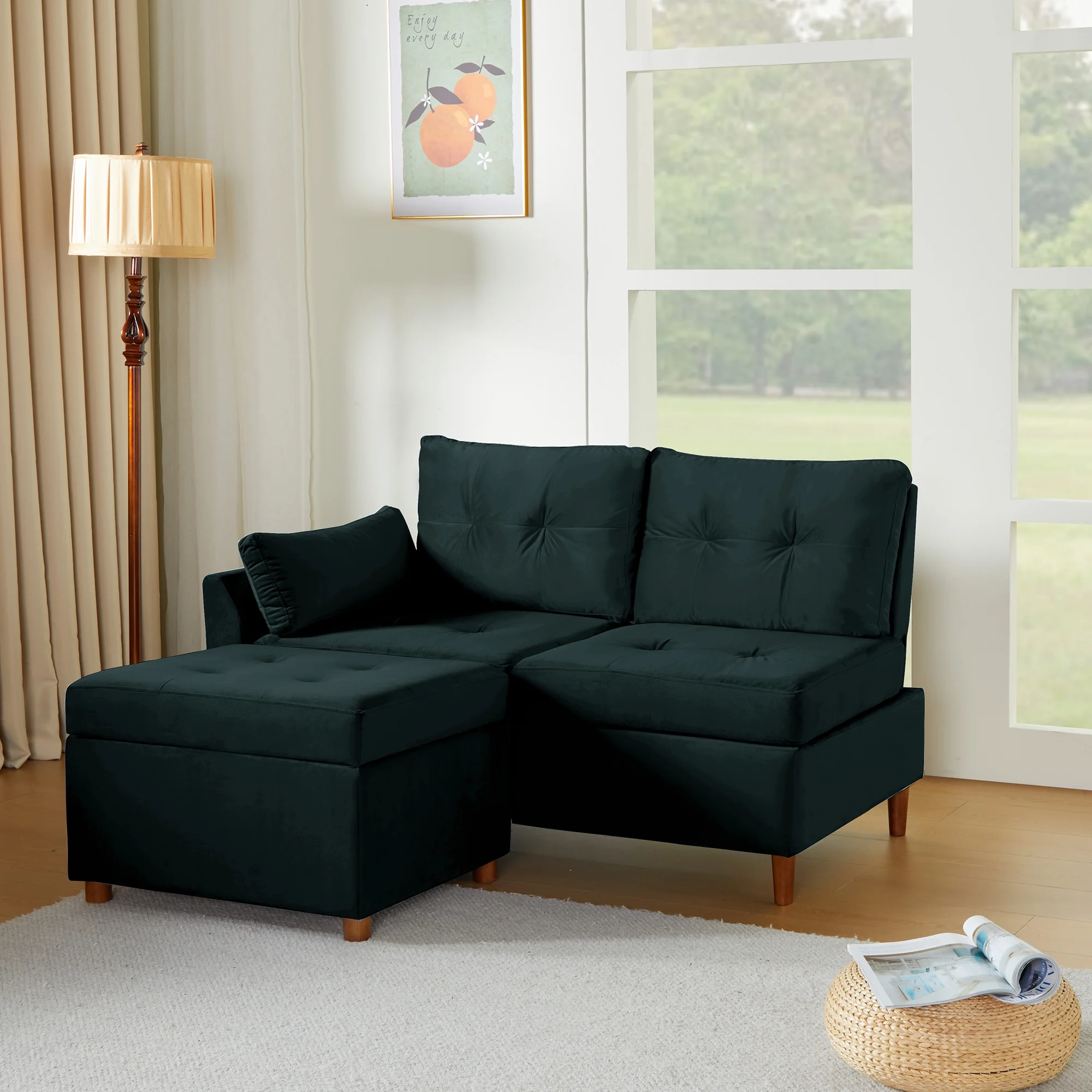 Giratree Free Combination Sectional Sofa and Couch, Velvet Fabric Modern 2-3 Seat Sofa with Storage Ottoman, Black