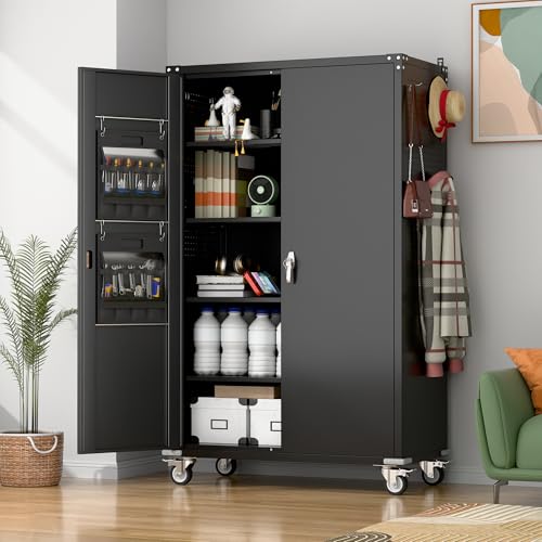 71" Metal Storage Cabinet with Wheels and Pegboard, Lockable Rolling Steel Storage Cabinet with 5 Adjustable Shelves and Door for Garage, Office