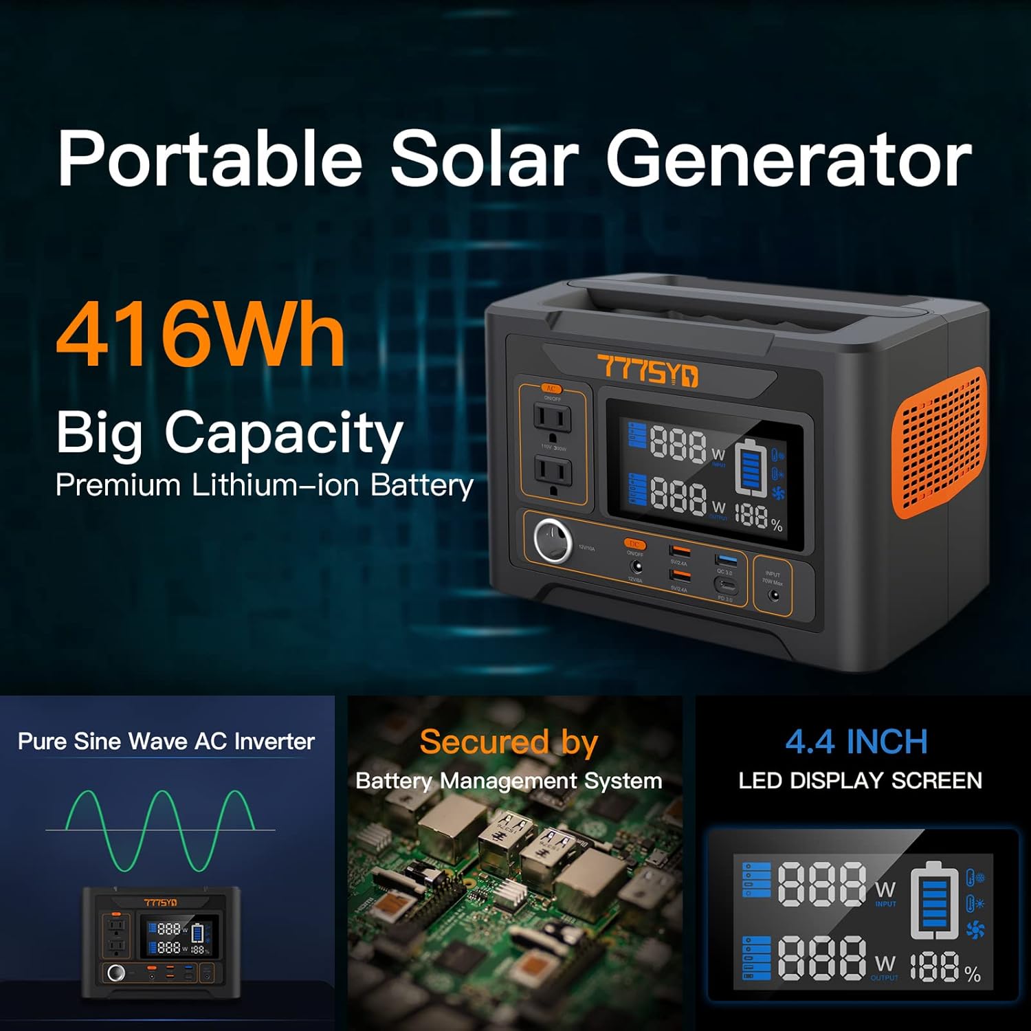 777SYD Portable Power Station 300W, 416Wh Backup Lithium Battery Pack Solar Generator, ship from America, 110V/300 Watt AC Outlet