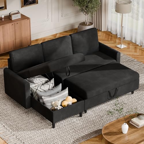 Vongrasig Convertible Sleeper Sofa, Pull Out Couch with Storage, 77" L-Shaped Sofa Bed with Storage Chaise Corduroy Fabric for Living Room, Apartment