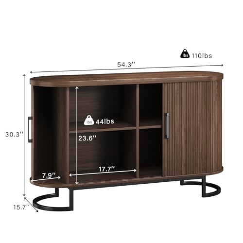 Sideboard Buffet Cabinet with Storage, 54.3" Fluted Tambour, Adjustable Shelves, Mid Century Modern Console for Living Room Kitchen Walnut