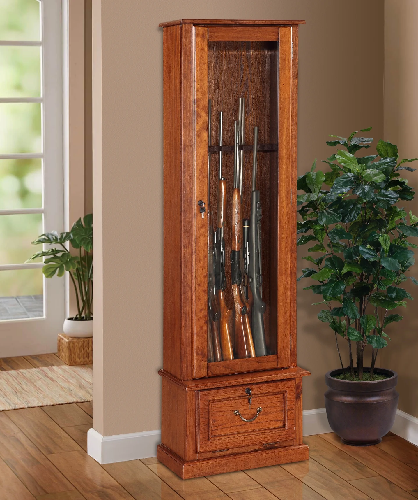 American Furniture Classics 8 Gun Key Lock Wooden Storage Display Cabinet