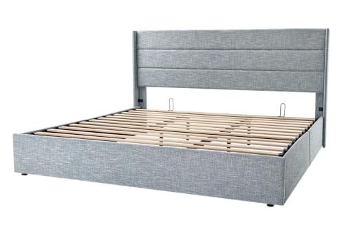 Allewie Full Size Lift Up Storage Bed, Modern Wingback Headboard, Hydraulic Support, No Box Spring Needed, Light Beige