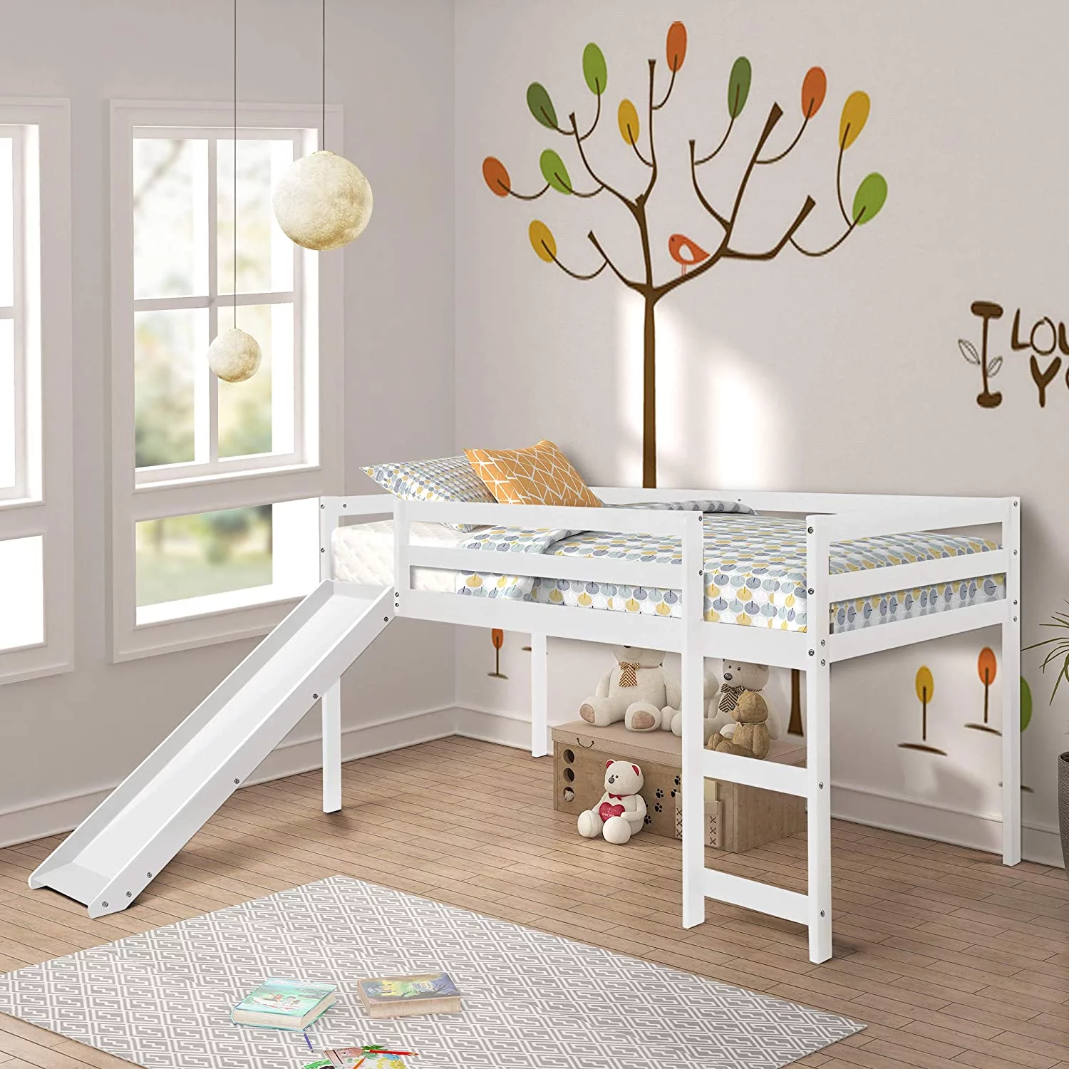 Churanty Wood Loft Bed with Slide for Kids, Low Profile Kids Mini Loft Bed Twin Size with Ladder，White - Radiant Selections