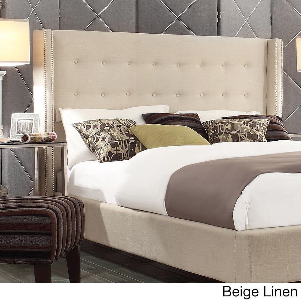 Inspire Q Marion Button-tufted Wingback adboard by Bold Queen Beige Linen Headboard Espresso Finish Queen