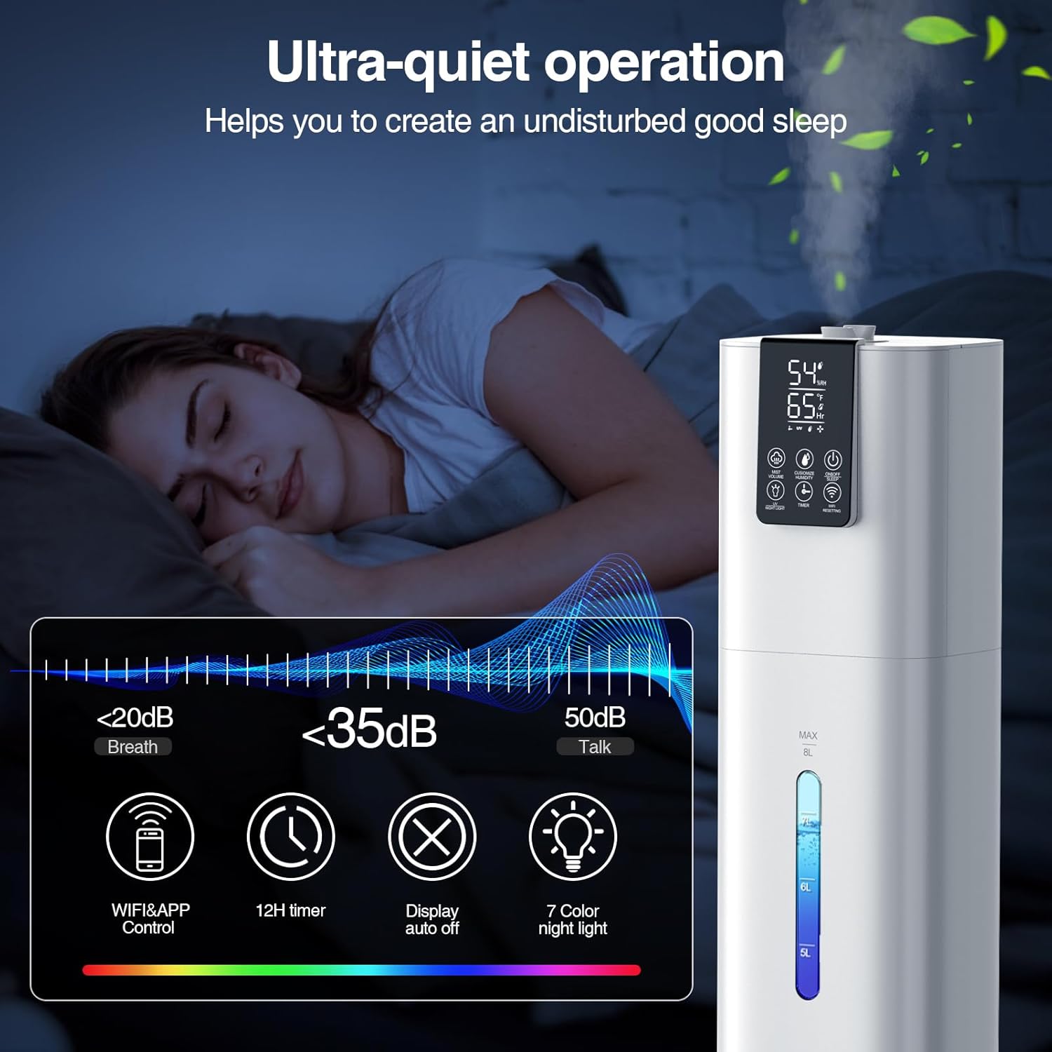 Smart Humidifiers Large Room Bedroom Home, 8L Top Fill Cold Mist Humidifiers with 3 Adjustable Mist Levels, Smart App & Remote Control, 48H Runtime