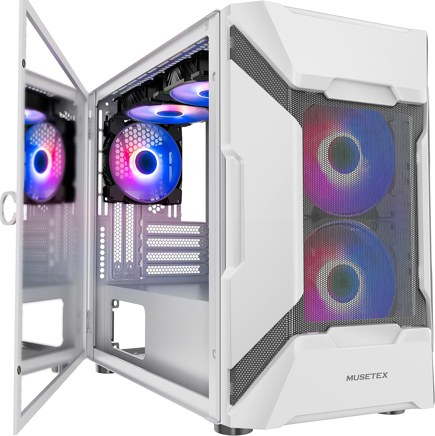 MUSETEX Mesh MATX (Micro-ATX) Mid Tower Case with 5 PCS × ARGB Fans Pre-Installed and 2 PCS × USB 3.0 Ports