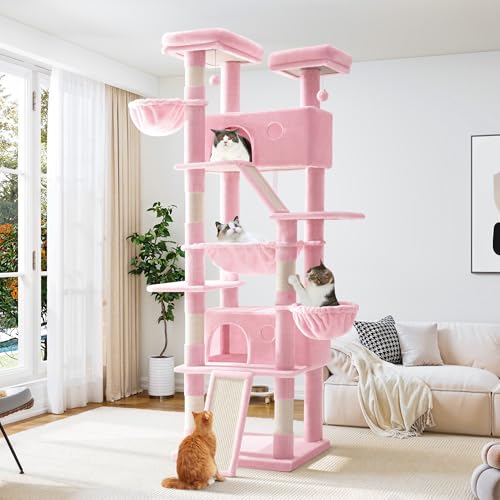 Allewie 81 Inches Tall Cat Tree/Multi-Level Large Climbing Tree House and Towers for Big Feline/Condo and Hammock/Scratching Post/Wide Base/Dark Grey