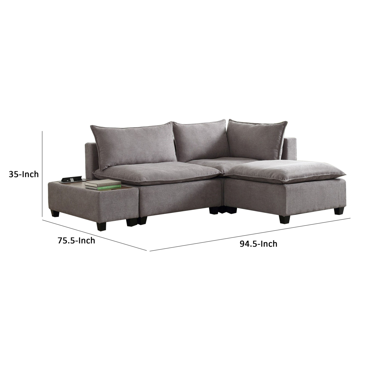 Amato 95 Inch Loveseat, Ottoman, and Console Table Set, Charging Port, Gray- Saltoro Sherpi