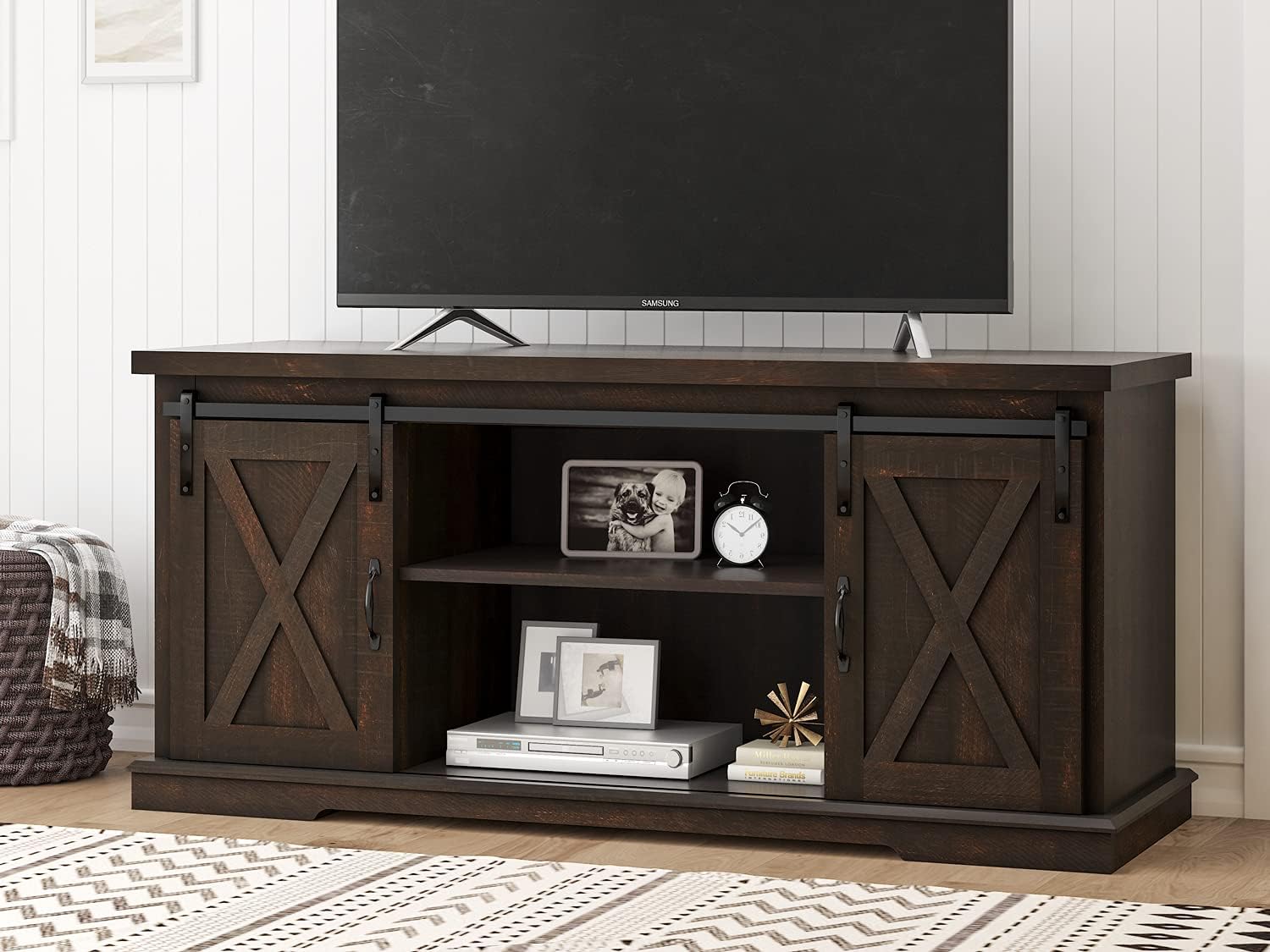 SHA CERLIN TV Stand Farmhouse Wood Entertainment Center for TVs Up to 65, Rustic Storage Cabinet Table with Sliding Barn Door & Adjustable Shelves