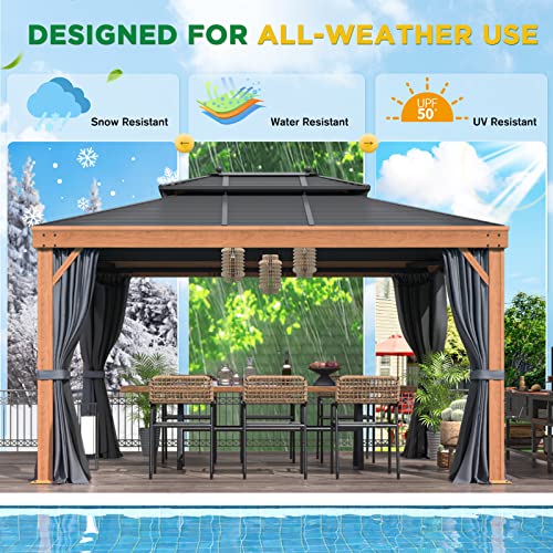 EROMMY 12'x20' Hardtop Gazebo Double Roof Galvanized Steel Canopy Outdoor Aluminum Frame Permanent Metal Pavilion with Netting and Curtains for Patio